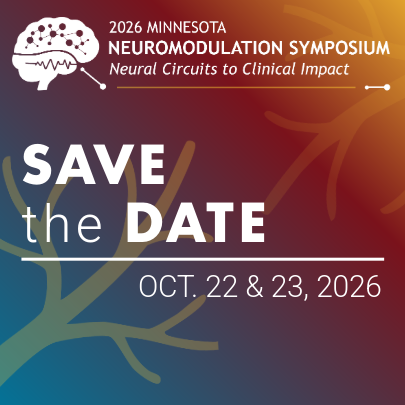 background color bottom left to top right changes from blue to maroon to gold with a graphic of a brain next to event details and a block M in the bottom right corner.
